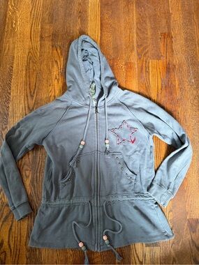 Gray Hooded Zip-Up Women's Sweater with Star Accent - YOU WANT THIS